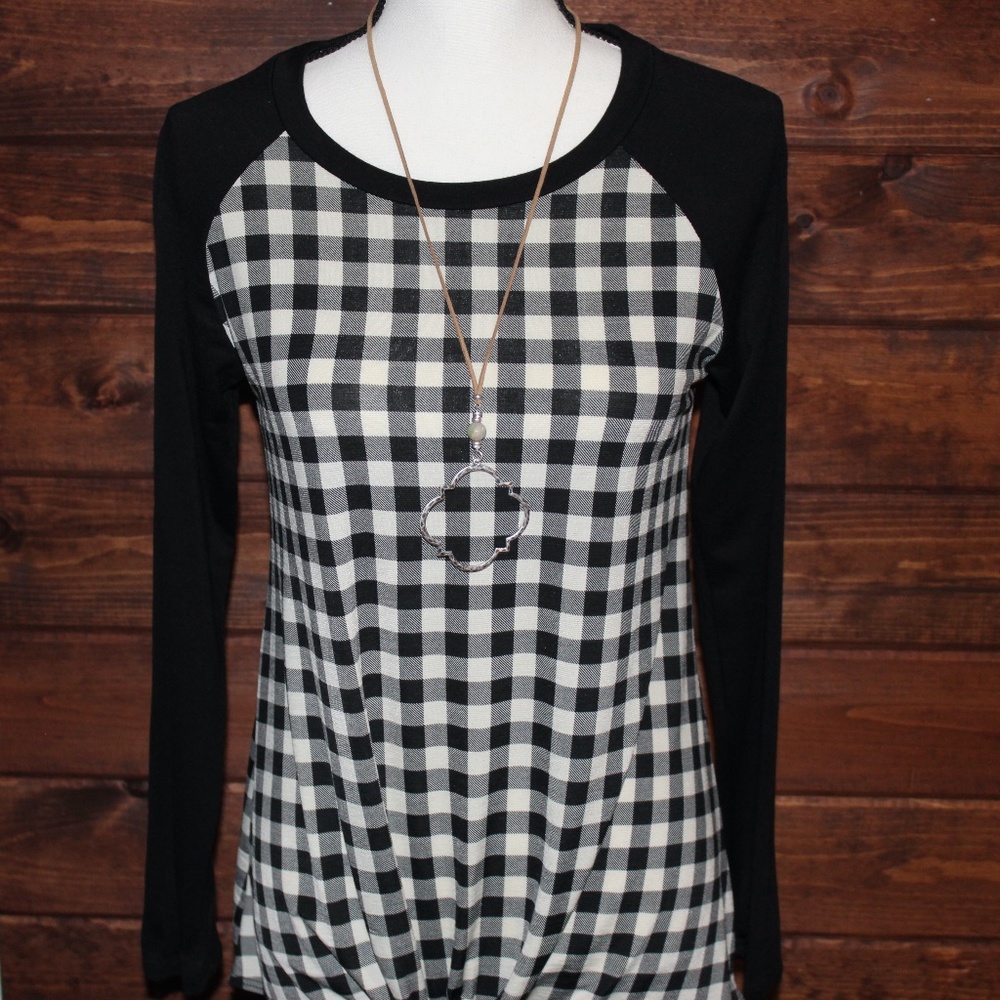 Women's Plus Checker Print Front Tie Top Raglan
